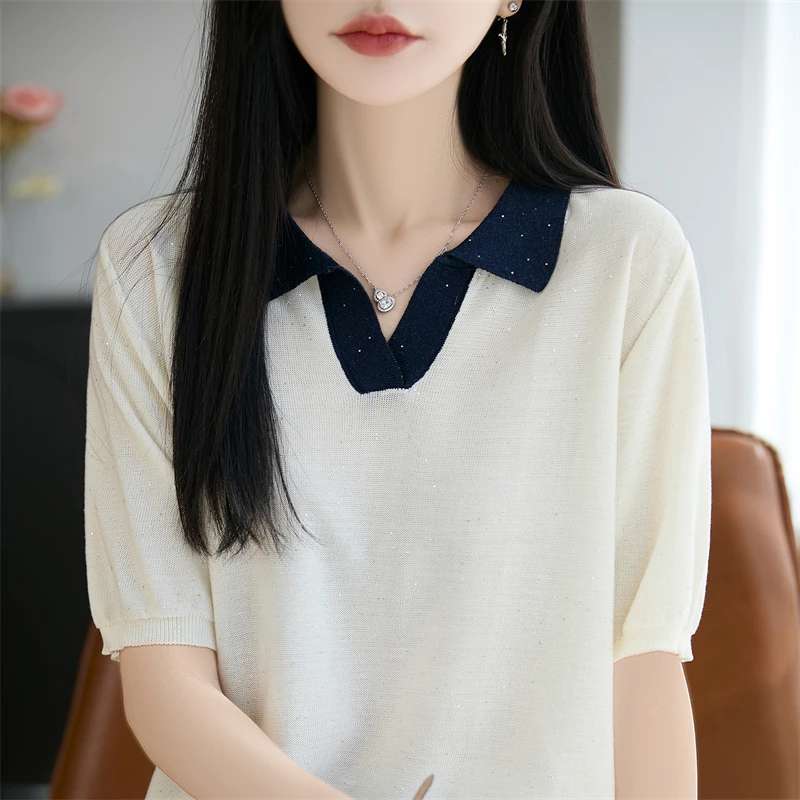Summer new women's Lyocell short sleeve polo collar knitted T-shirt women color blocked pullover T-shirt fashionable hot selling