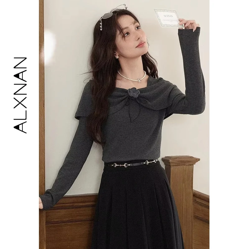 ALXNAN حجم كبير بلوفرات غير رسمية مائل الرقبة انفصال زهرة بروش سليم صالح تريكو لينة لطيف ركاب تاريخ الملابس D58518 #4