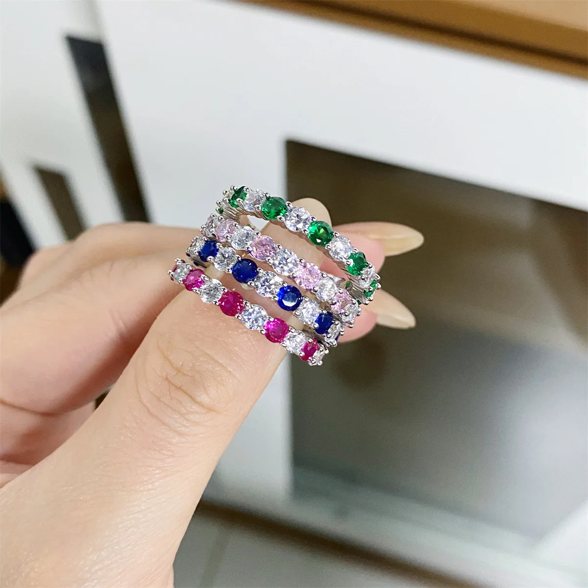 PT950 platinum - women's ring - rainbow candy color row ring - stackable pendant ring - versatile
