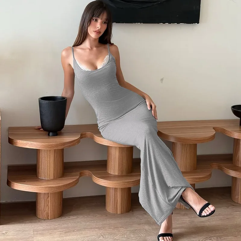 

Talenza Women's Elegant Suspender Dress Summer Sexy Sleeveless Slit Lace Patchwork Dress New Party Bodycon Women's Long Dress