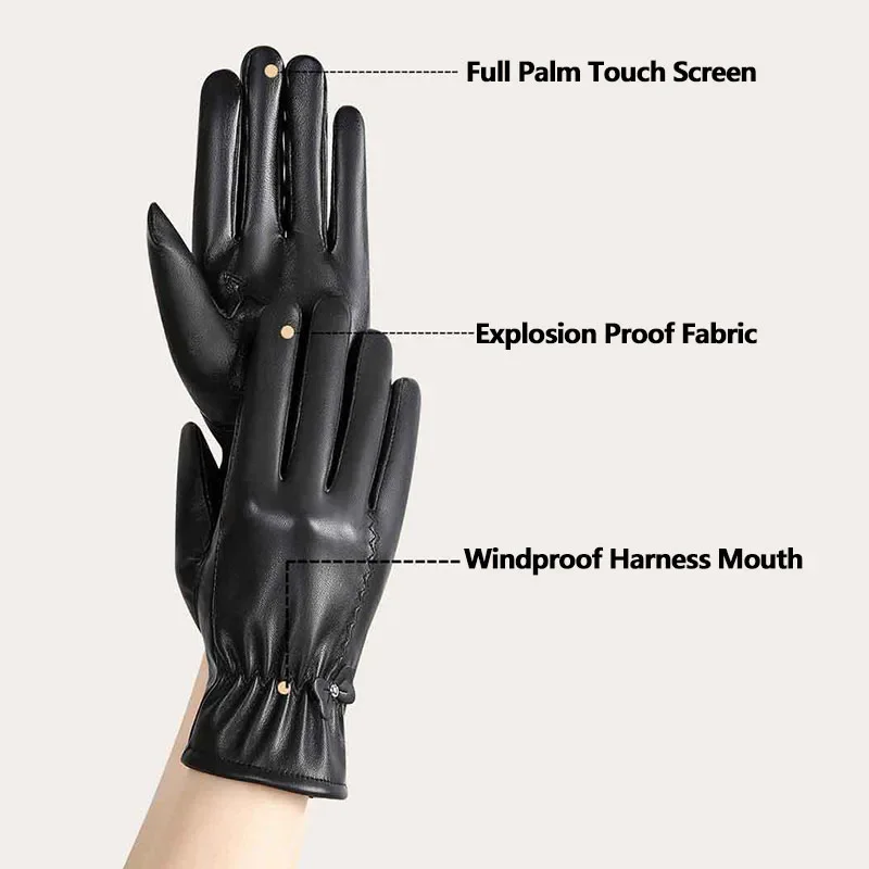 قفازات الشتاء للنساء قفازات جلدية حقيقية في الهواء الطلق ركوب الدراجات جلد الغنم الحقيقي الأسود الدفء القيادة قفازات الدراجات النارية #3