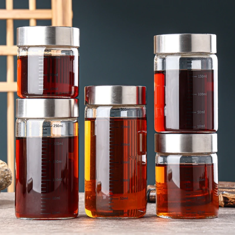 2Pcs 100-500ml Glass Storage Cup Portable Seal Thickening High Borosilicate Thermostability Liquid Storage Cup Scale Sealed Jar