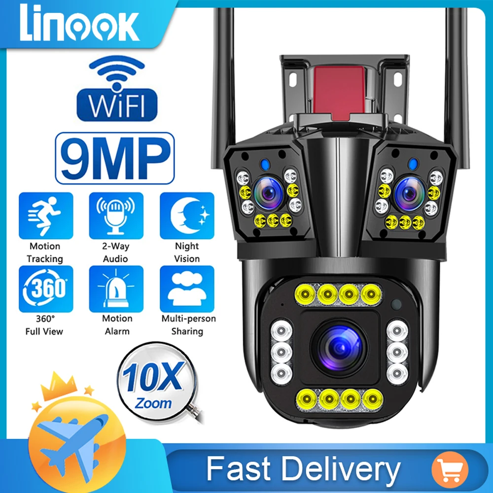 Linook.9MP, 3-lens CCTV wireless outdoor camera, PTZ, 4K home wireless connection mobile phone, 3-screen viewing, full color,