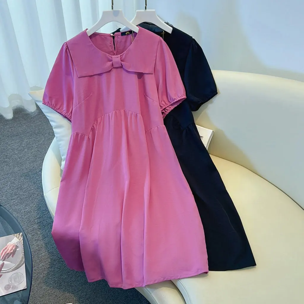 

Женское платье больших размеров с короткими рукавами и бантом, 65-175 кг, простое летнее платье для полных девочек в западном стиле, уменьшающее возраст