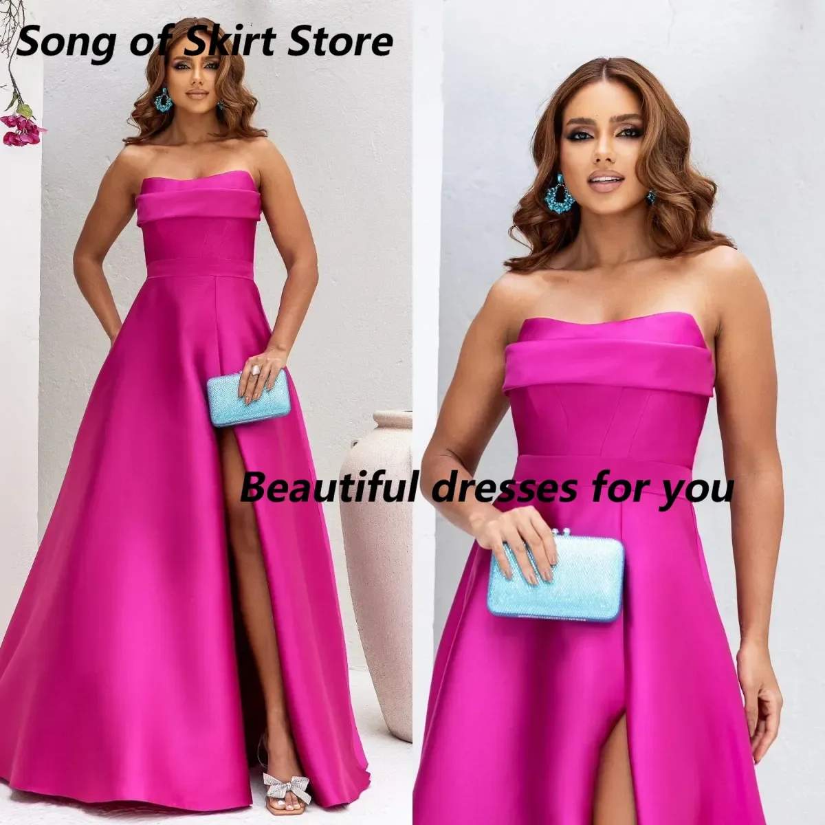 Customized Barbie Pink Satin Evening Dresses Elegant Sleeveless Strapless Evening Gown A Line Backless Split Dresses for Women