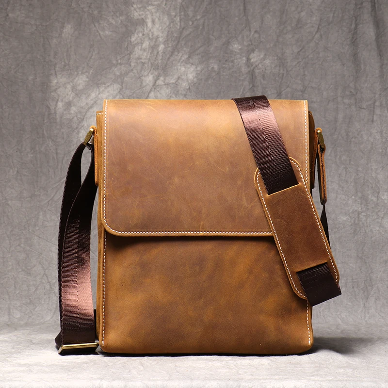 Leather Shoulder Bag Men\'s Cowhide Sling Bag Brown Crossbody Casual Magnetic Buckle Flap Shoulder Bags for 8-inch iPad