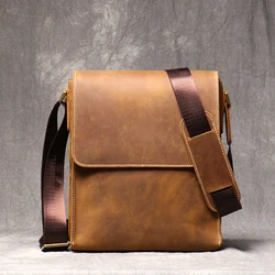 Leather Shoulder Bag Men's Cowhide Sling Bag Brown Crossbody Casual Magnetic Buckle Flap Shoulder Bags for 8-inch iPad