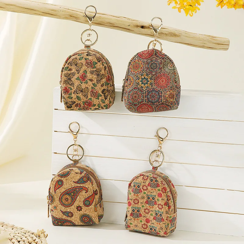 8pcs Purses Women Cork Leather Floral Owl Printing Solid Ear Line Key Wallet