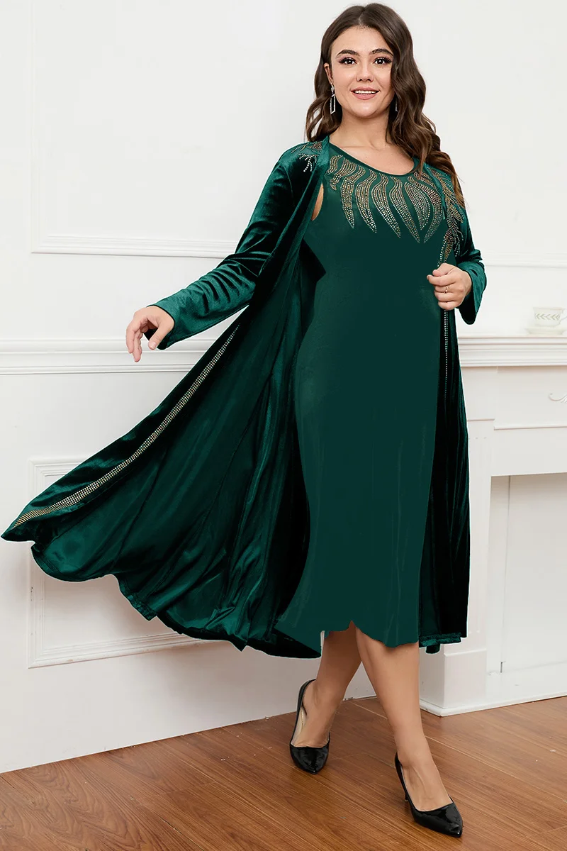 Plus Size Damen kleid zweiteiliges Kleid Set Samt Herbst druck Rundhals ausschnitt lässig elegantes Tank kleid und langes Jacken outfit