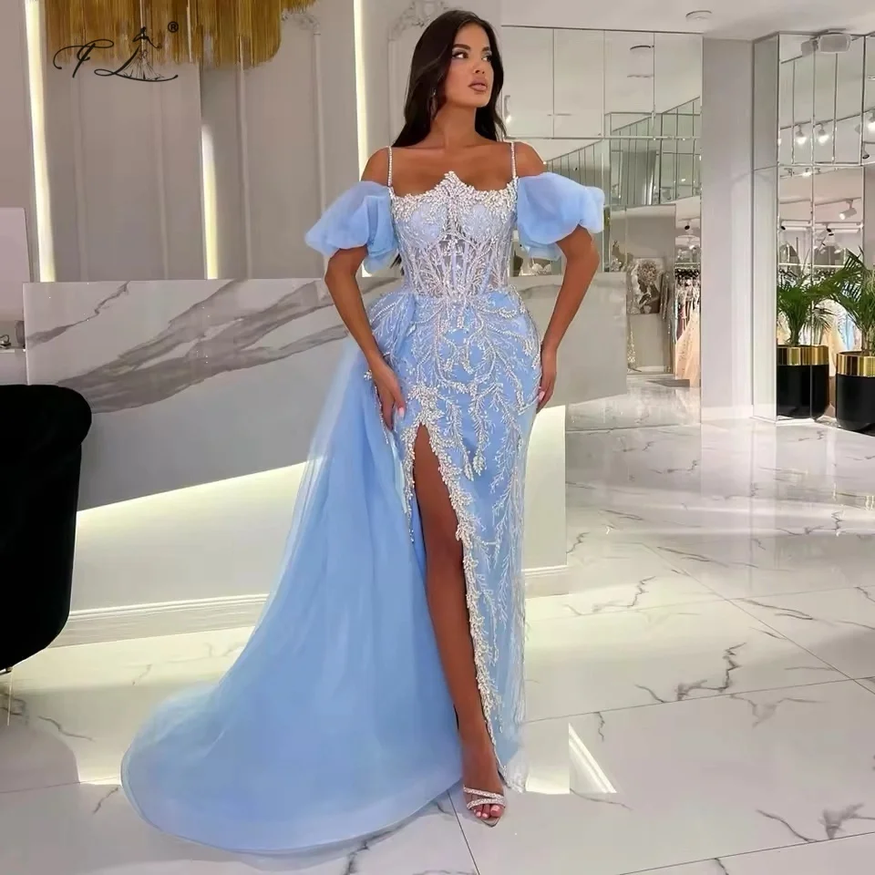 Sexy Evening Dress Rhinestone Blue Spaghetti Strap High Slit Tulle Puff Sleeve Mermaid Dress Party Dress Long Ball Gown