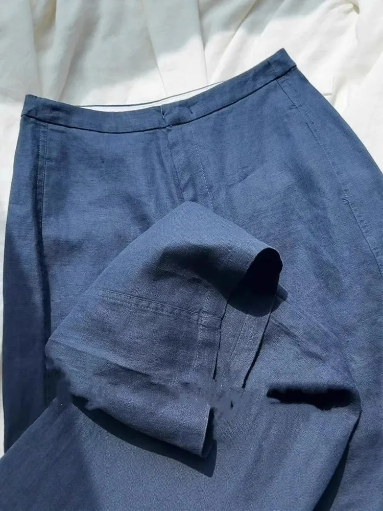 Luźne lniane spodnie z wysokim stanem, proste nogawki, ciemnoniebieskie, proste, oddychające, zapewniające uczucie chłodu, na wiosnę i lato, damskie, premium, wygodne.