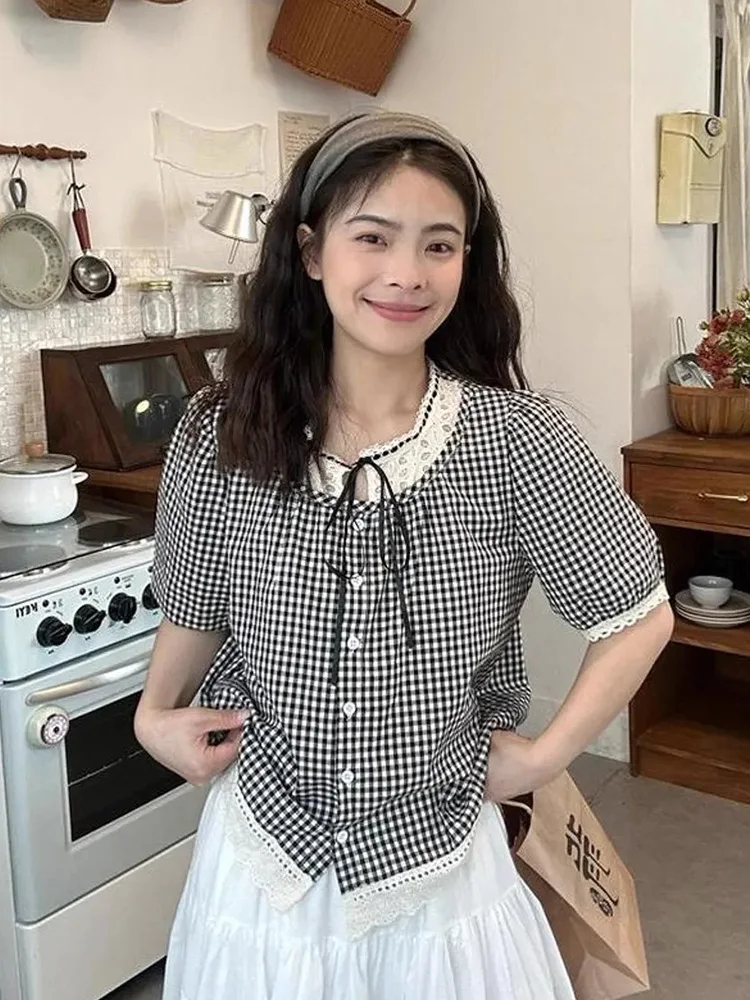 Zoki Sweet Vintage Women Plaid Blouse Casual Preppy Style Lace Patchwork Loose Shirt Cute Retro Female Short Sleeve Lace Up Tops