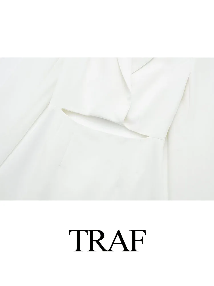 TRAF 2024 primavera donna moda Mini abito bianco colletto rovesciato manica lunga scava fuori decorare cerniera abiti eleganti femminili