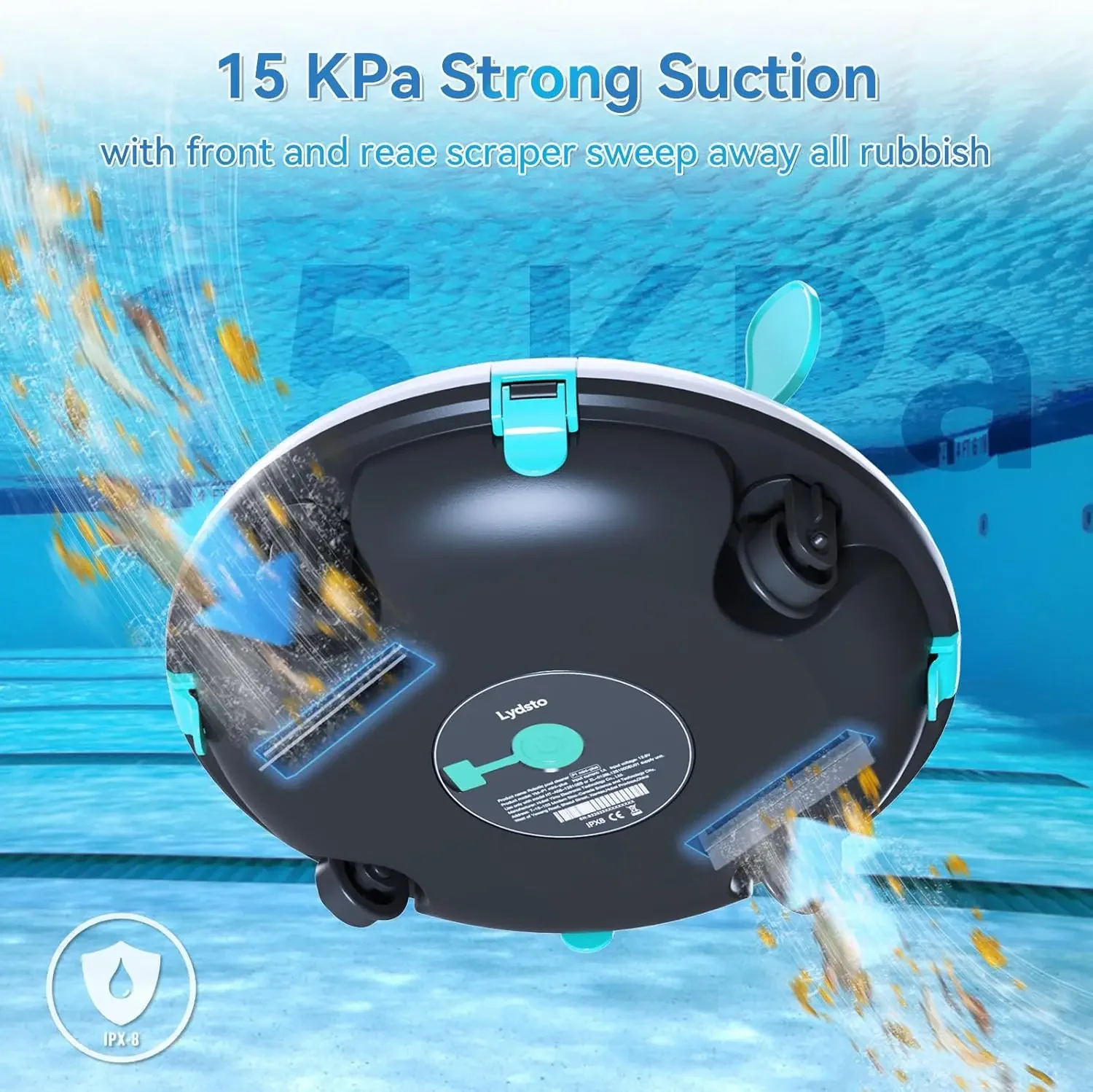 Cordless Robotic Pool Cleaner 70Mins Pool Vacuum for Above Ground Pool 15KPa Powerful Suction Water Sensor