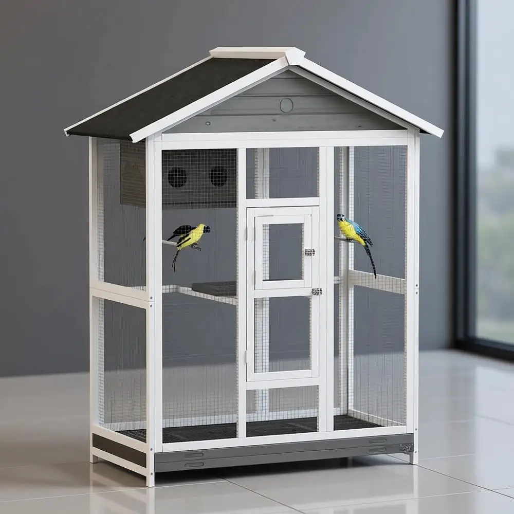 

Серая деревянная клетка-вольер для птиц, 64,5 дюйма, с 4 жердочками, гнездом и выдвижным поддоном для использования в помещении/на улице