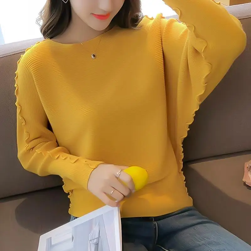 

Korean Batwing Sleeve Knitted Jumpers Casual Loose Female Clothing Slash Neck Autumn Winter All-match Solid Color Folds Sweaters