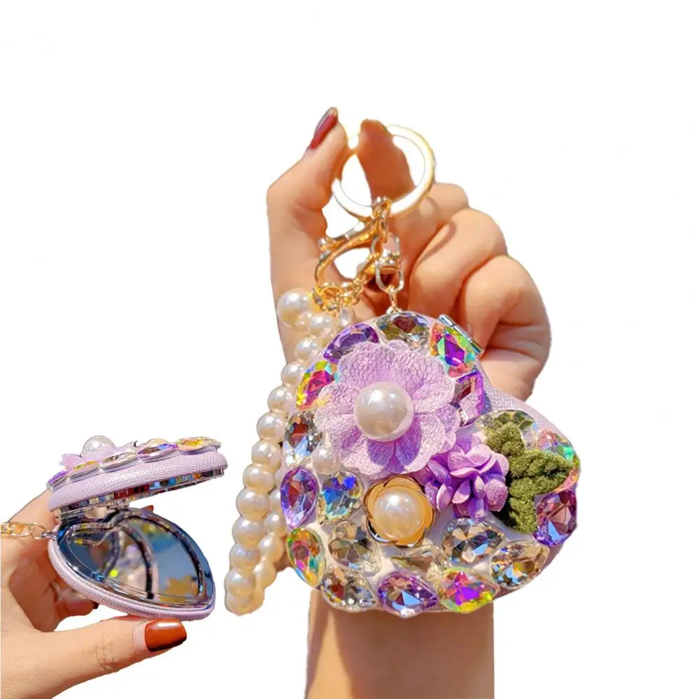 Beauty Mirror Keychain Folding Makeup Mirror Keychain with Faux Pearl Chain Double-sided Compact Mirror Pendant for Travel