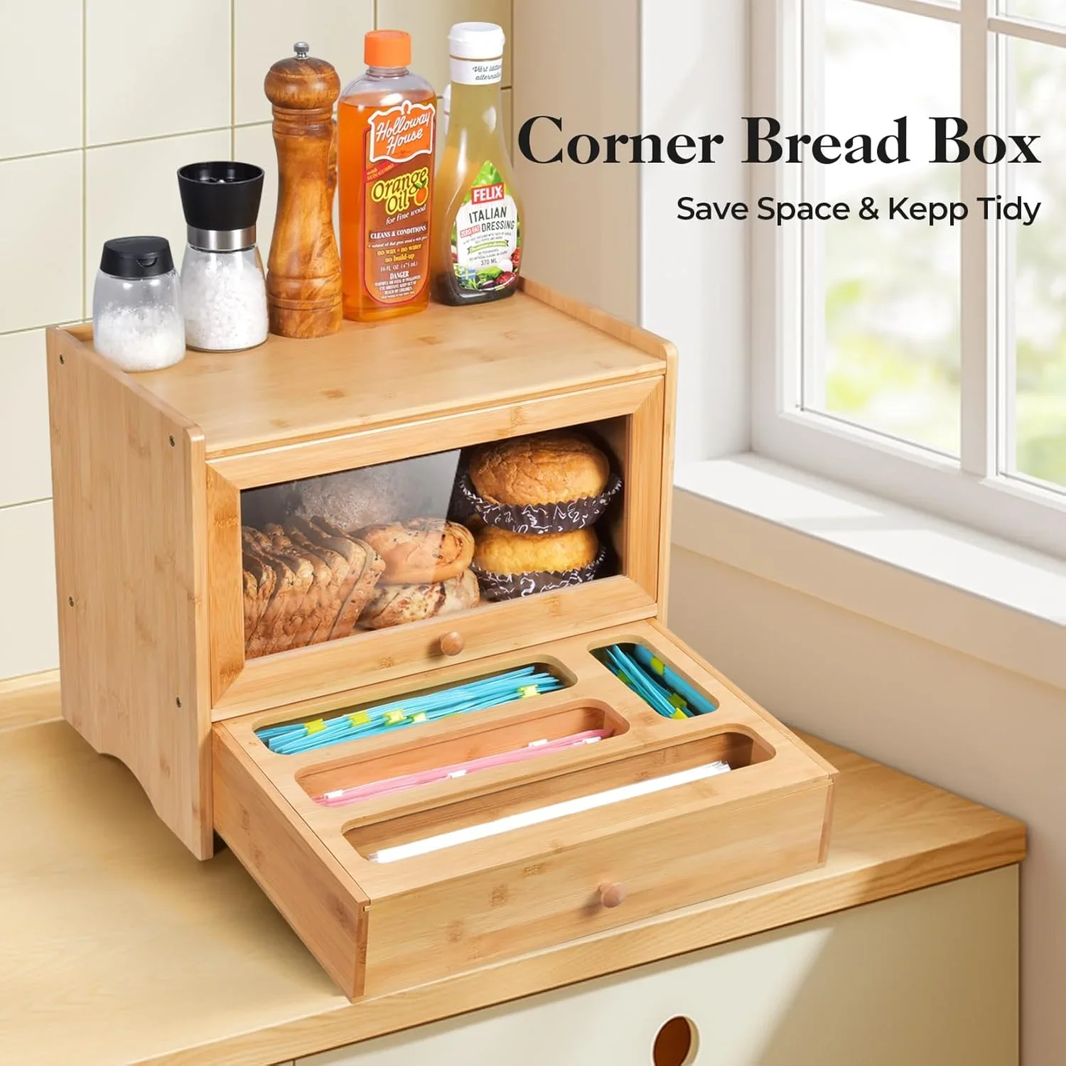 SINCERE Hot Sale Bamboo Bread Box with Storage Bags Organizer Rectangle Kitchen Countertop Bread Box for Homemade Food,kitchen
