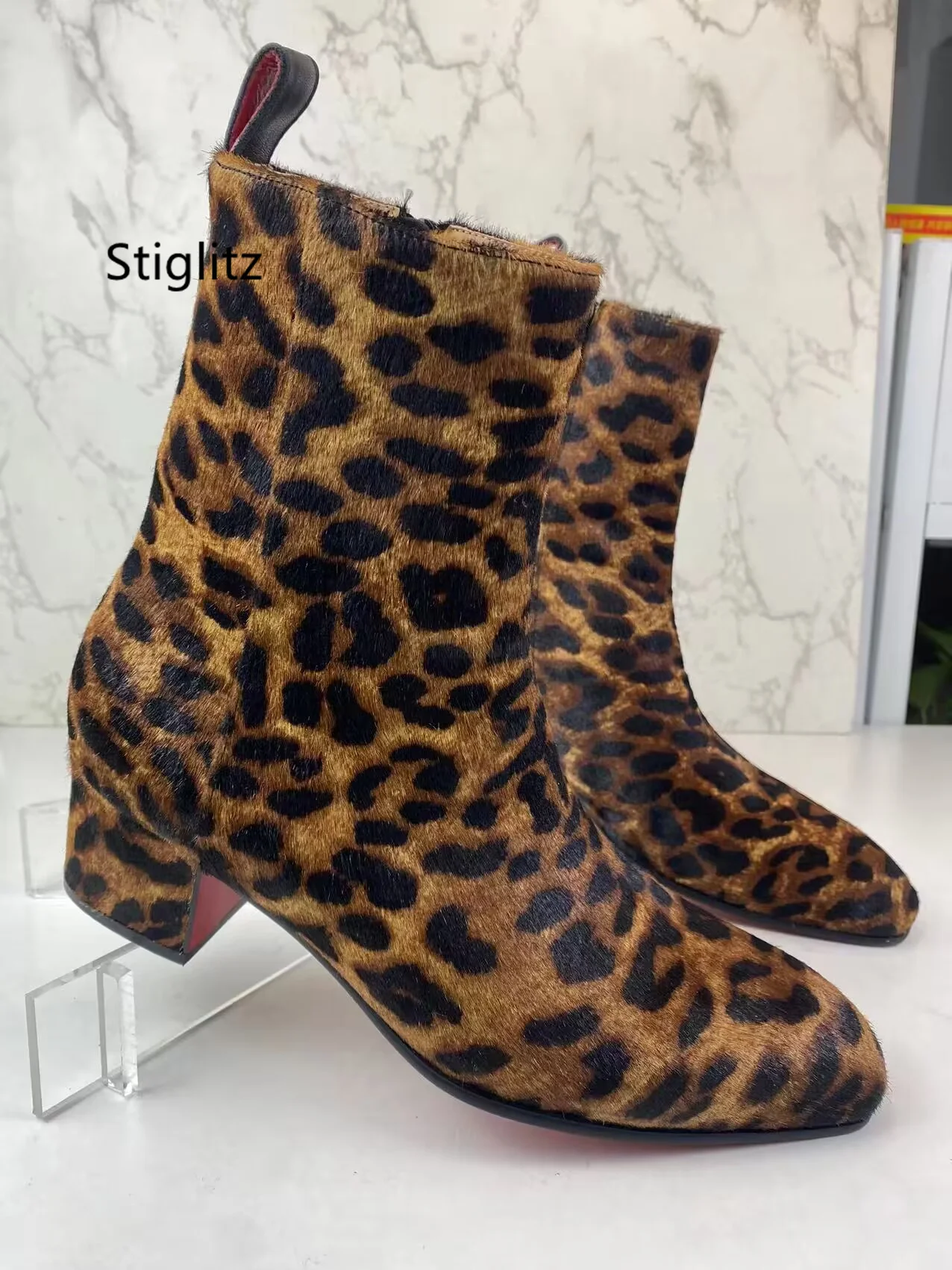 Leopard-Print Horsehair Men\'s Boots Pointed Toe Zipper High Top Ankle Boots Casual Runway Party Catwalk Shoes Autumn Winter New