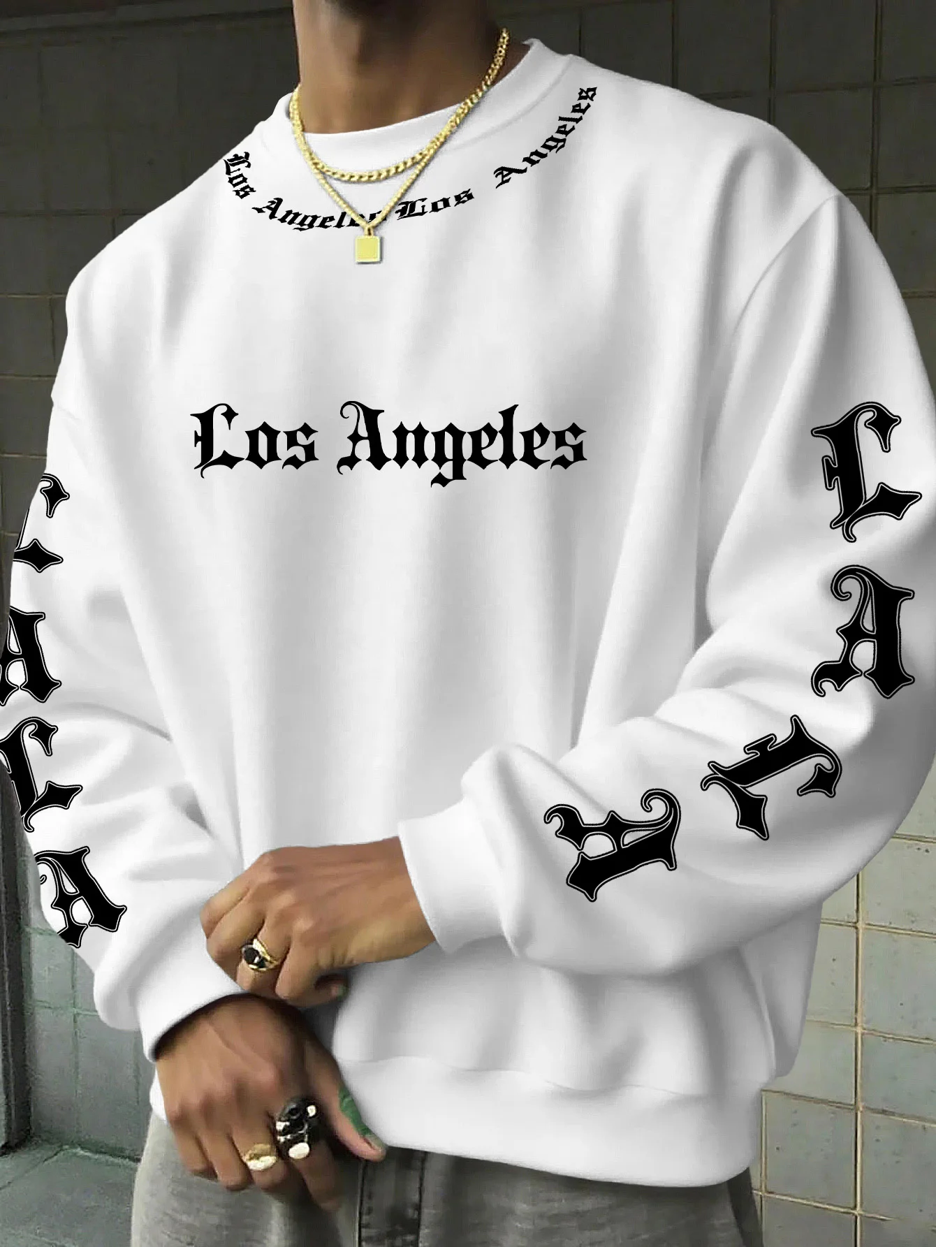 Herren Casual Rundhals-Langarmshirt, Los Angeles Gothic Buchstaben-Grafik-Print Sweatshirt, S-XXL – Detail 5