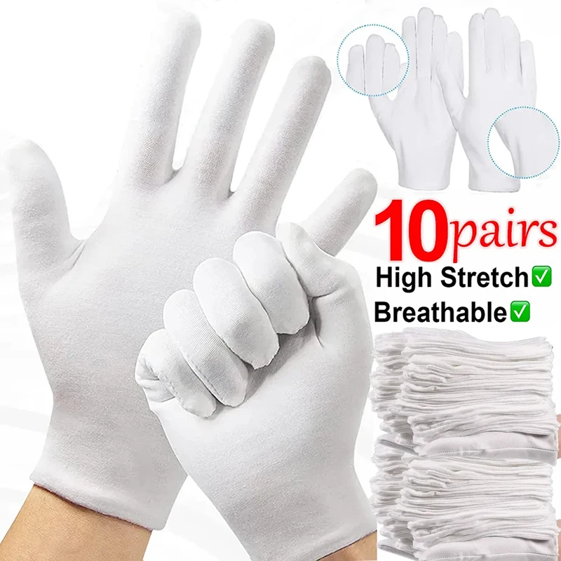 

1/10pair White Cotton Work Gloves for Dry Hands Handling Film SPA Gloves Ceremonial High Stretch Gloves Household Cleaning Tools