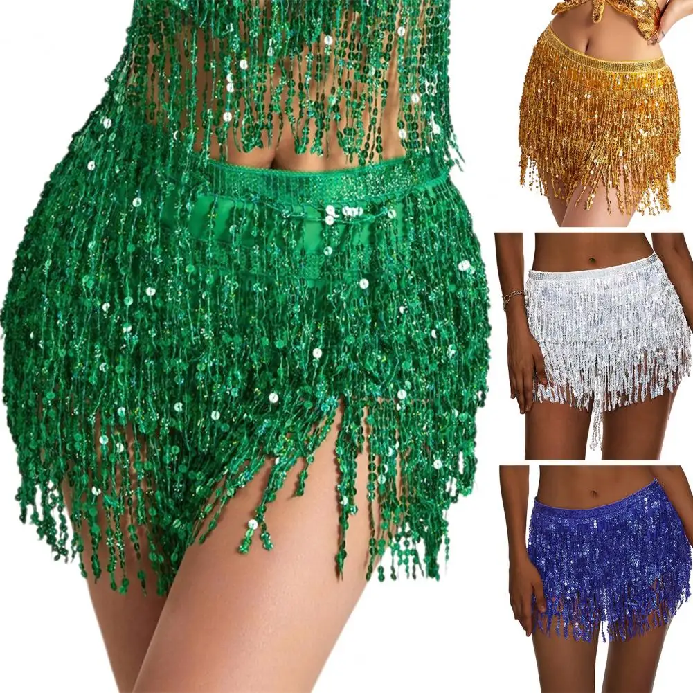 Belly Dance Sequin Tassel Skirt Sparkling Glitter Rave Fringe Mid-rise Skirt Solid Color Dance Parties Performances Skirt