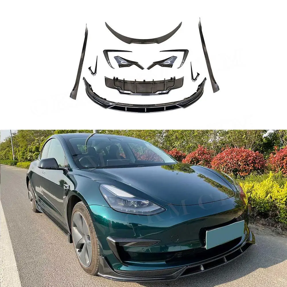 

for Tesla Model 3 Carbon Fiber Car Bodykit Gloss Black Front Bumper Lip Rear Diffuser Side Skirts Rocker Panels Rear Spoiler