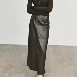 Coffee/Black Leather Skirt Women 2026 Spring Fashion First Layer Vegetable Tanned Sheepskin High Street Slim Wrap Hip Long Skirt