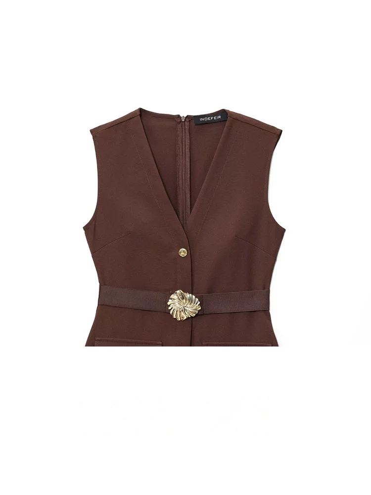 HH Abito lungo moda estiva da donna Solido scollo a V senza maniche Tasche Decorazione cintura Bottone Cerniera Abiti eleganti femminili