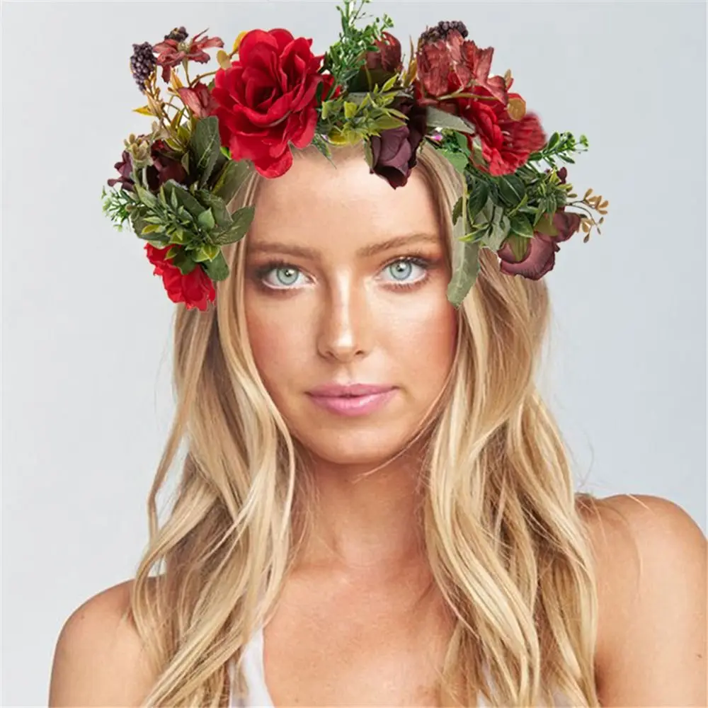 Rose Flower Crown Bohemian Flower Headband Green Leaf Floral Headpiece Hair Wreath Headwear for Festival Wedding