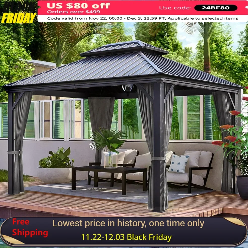 10' X 12' Hardtop Gazebo, Gazebo with Netting and Curtains, Double Roof Permanent Patio Metal Gazebo Canopy for Patio, Deck