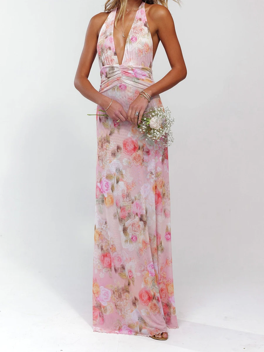 Elegant Floral Print Maxi Dress Sleeveless Halter Neckline with Open Back Women s Summer Party Gown in Polka Dot Pattern