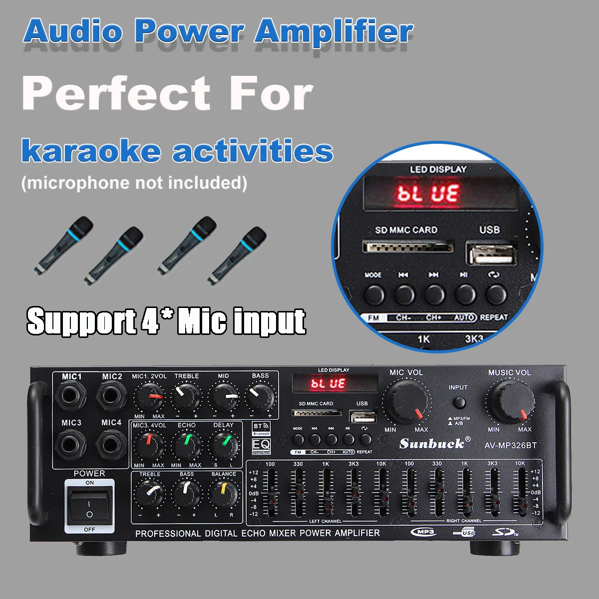 8000W Bluetooth-Verstärker 110/220V Audio-Stereo-Digital-Verstärker mit USB-, SD-, FM-, DVD-, AUX-Unterstützung, 4-Wege-Mikrofoneingang und Fernbedienung – Detail 5