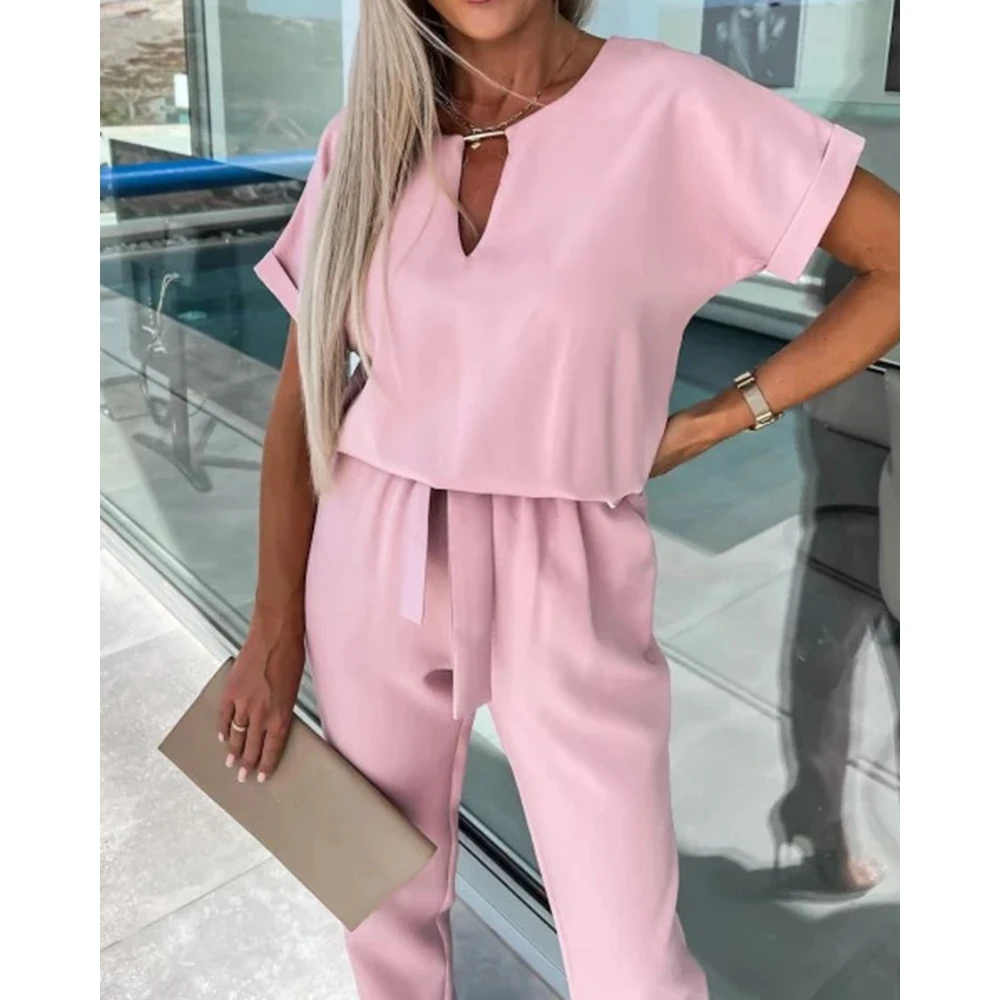 

2024 Women Fashion Cutout Cuffed Short Sleeve Shirring Skinny Jumpsuit Femme Casual One Pieces Overalls Summer Autumn Clothing