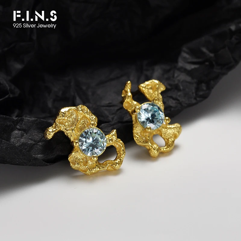 F.I.N.S 925 Sterling Silver Gold Irregular Stud Earrings France Style Wrinkle Solid Silver 925 CZ Black Blue Zircon Earring Fine