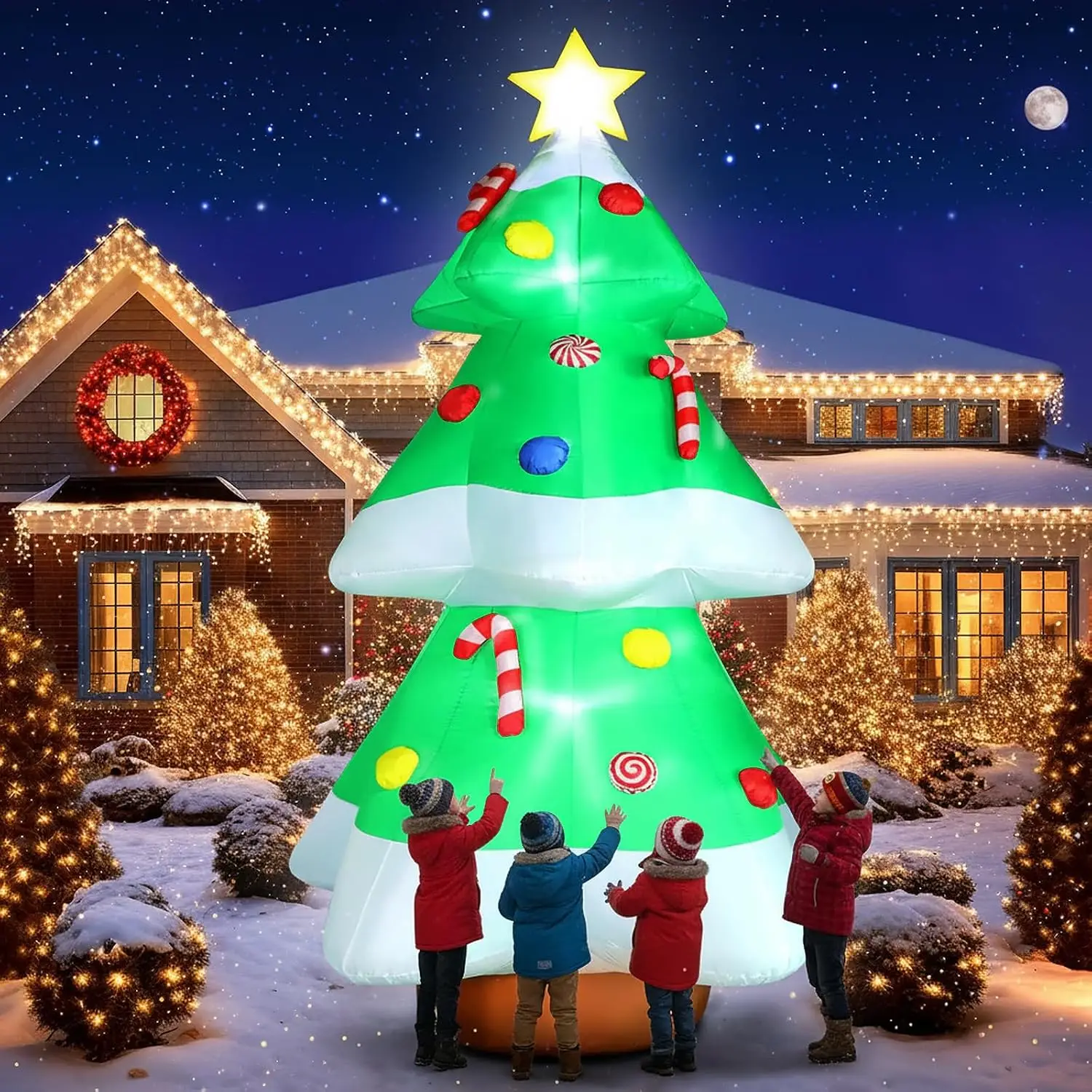 10FT Blow Up Christmas Tree Inflatable, Outdoor Yard Decor with LED Lights, Star Topper & Colorful Candy, Garden Patio Lawn