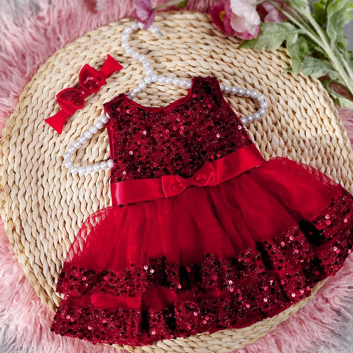 Ylsteed Newborn Photography Outfits Baby Girl Ribbon Bow Glitter Red Dress for Photo Shoot Newborn Christmas New Year Costume