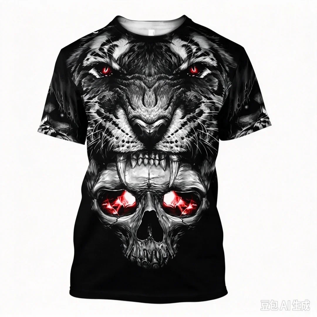 Trendy Men's Ink Roaring Tiger 3D Print T-Shirt Tribal Tattoo Animal Graphic Short Sleeve Crew Neck Tee Streetwear Tops for Men