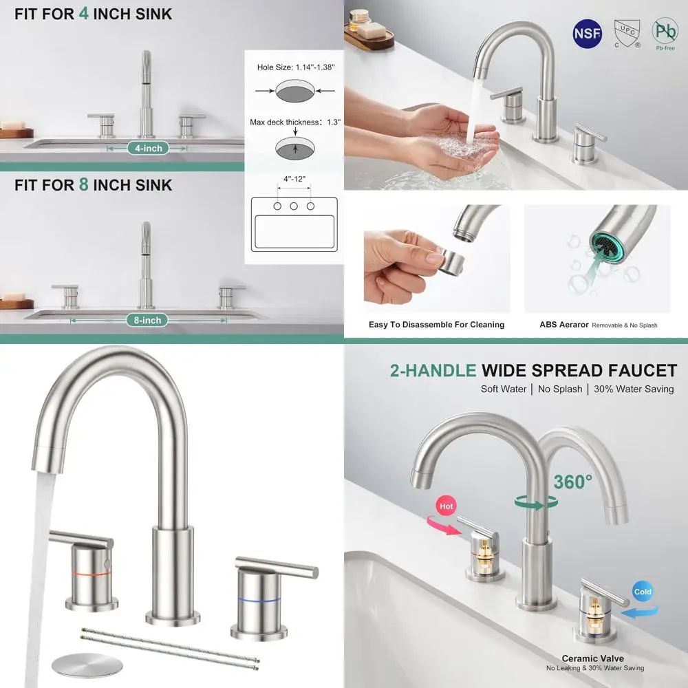 

8-позиционный смеситель для раковины из матовой нержавеющей стали с 3 отверстиями, двумя ручками, выдвижным сливом и подводящими шлангами