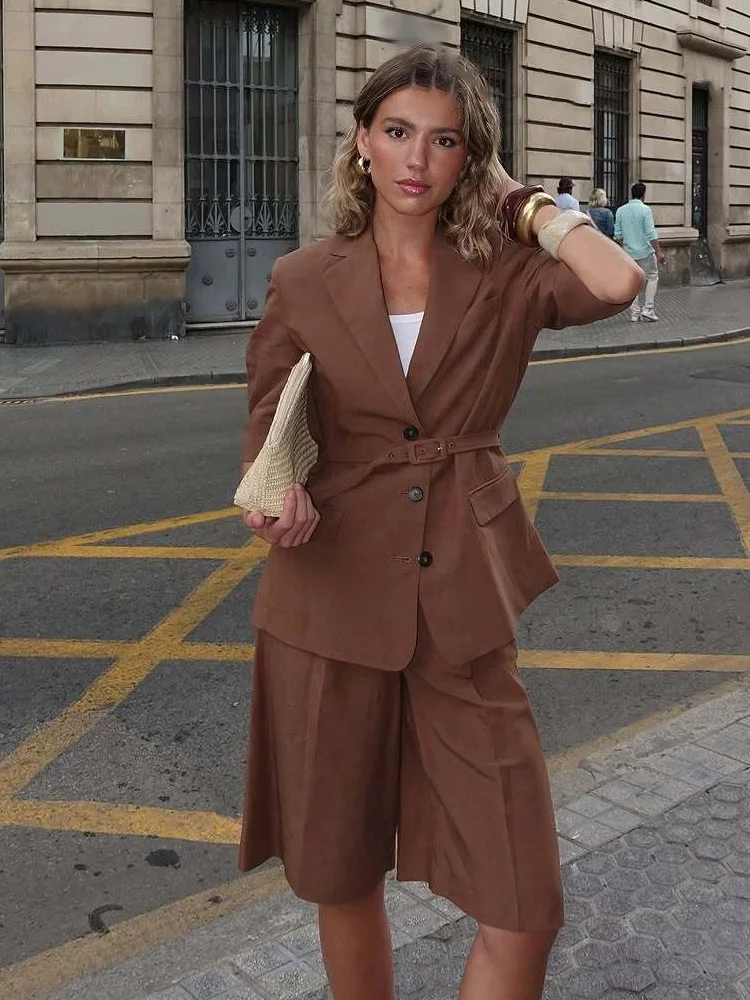 

HH Women 2-Piece Set Elegant Short Sleeves Laple Single-breasted Belted Pocket Decoration Blazer+Casual Slim Zipper Shorts