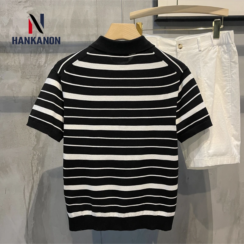 Men's Black and White Striped Knitted Polo Shirt with Stretchable and Breathable Short Sleeves, Suitable for Daily Commuting.