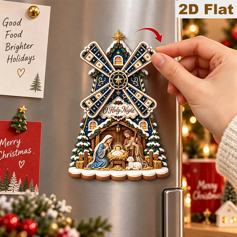 2D Flat, 1pc Rotating Windmill Nativity Scene Gingerbread House Fridge Magnet, O Holy Night Birth of Jesus Pattern Refrigerator