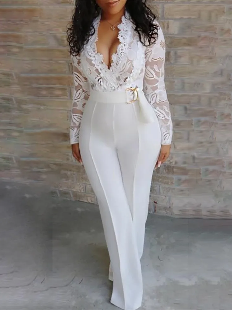 

Autumn White Sexy Deep V-neck Jumpsuit Fashion Lace Stitching Slim Hip-hugging Trousers Elegant Female Party Jumpsuits With Belt