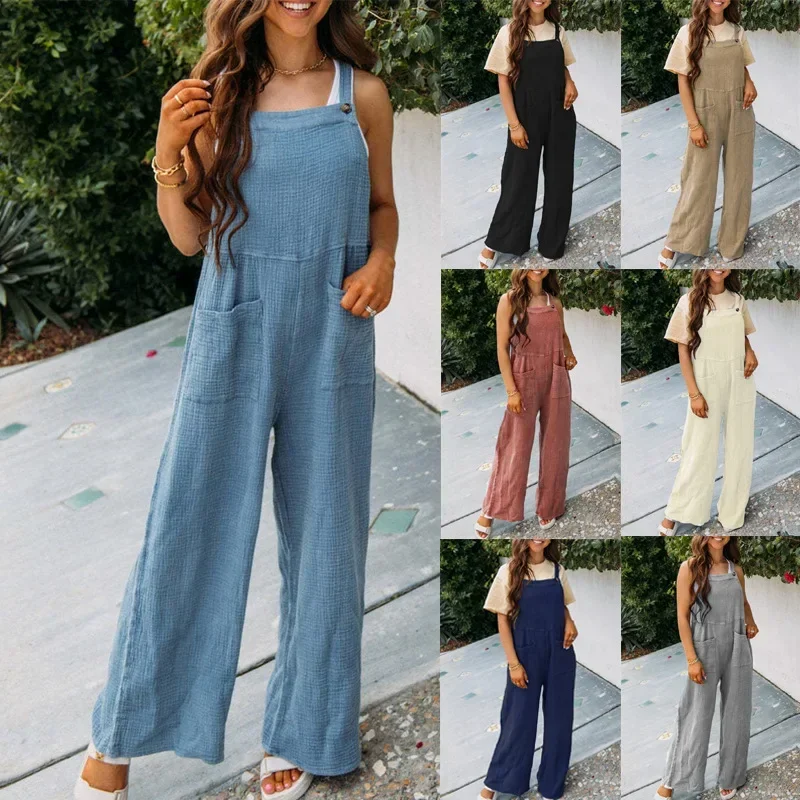 

Summer Jumpsuit Women Rompers Square Collar Sleeveless One Piece Wide Leg Pockets Y2k Long Playsuit Office Lady Overalls