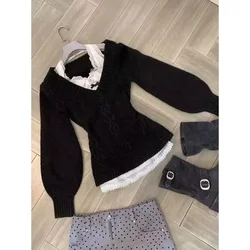 Autumn Winter Women 2000s Aesthetic Gyaru Chic Korean Y2k Two Piece Sets Jumper Sweater Long Sleeve Coquette Knitwears Style