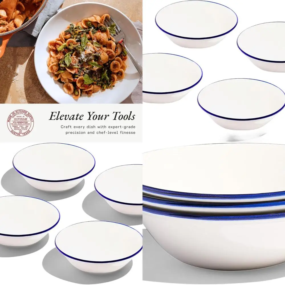 

4-Piece Porcelain Side Bowl Set - White with Navy Trim - Made in England