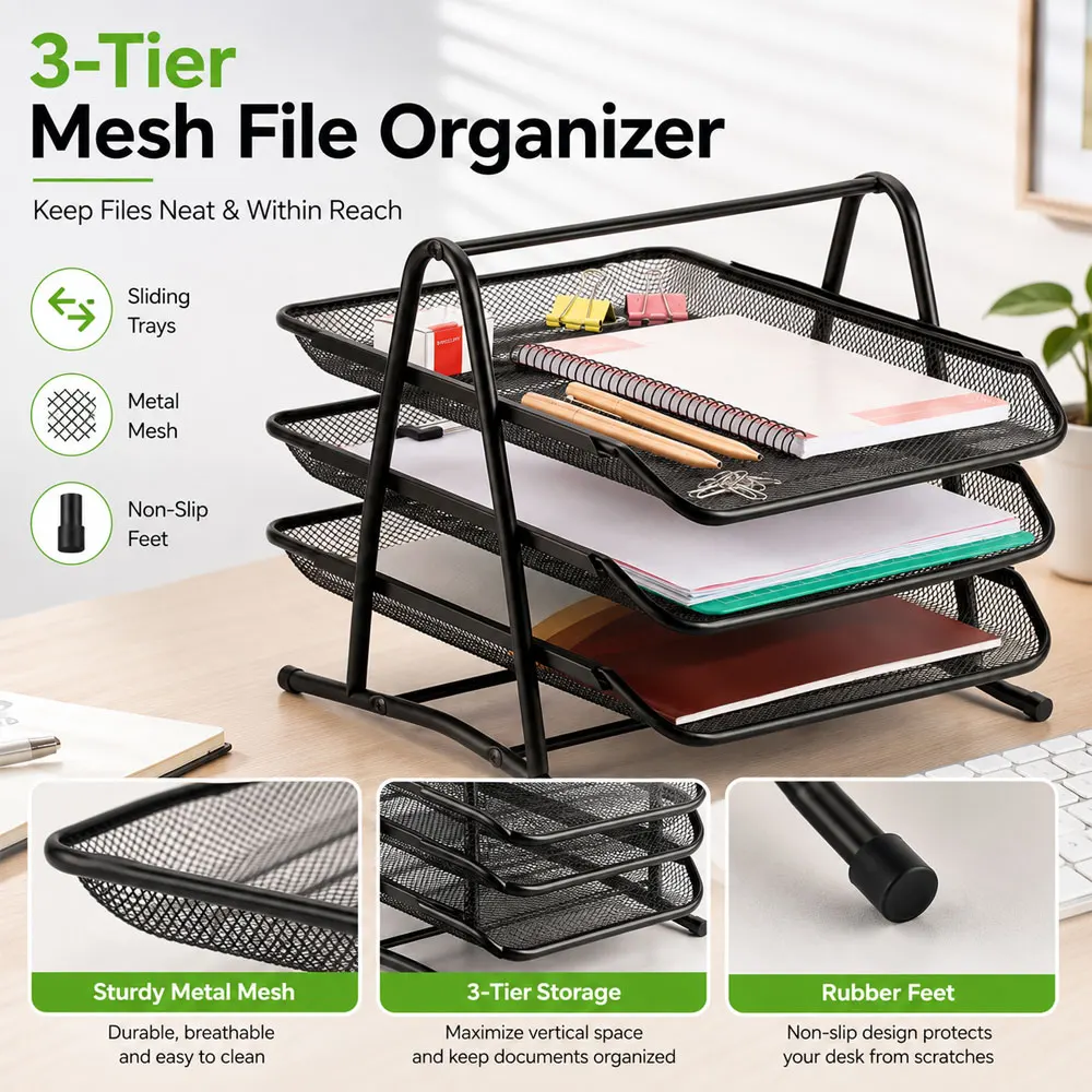 3-Tier Metal Mesh Desktop File Organizer with Sliding Trays, Non-Slip Feet and Durable Black Frame for Office Paper Storage