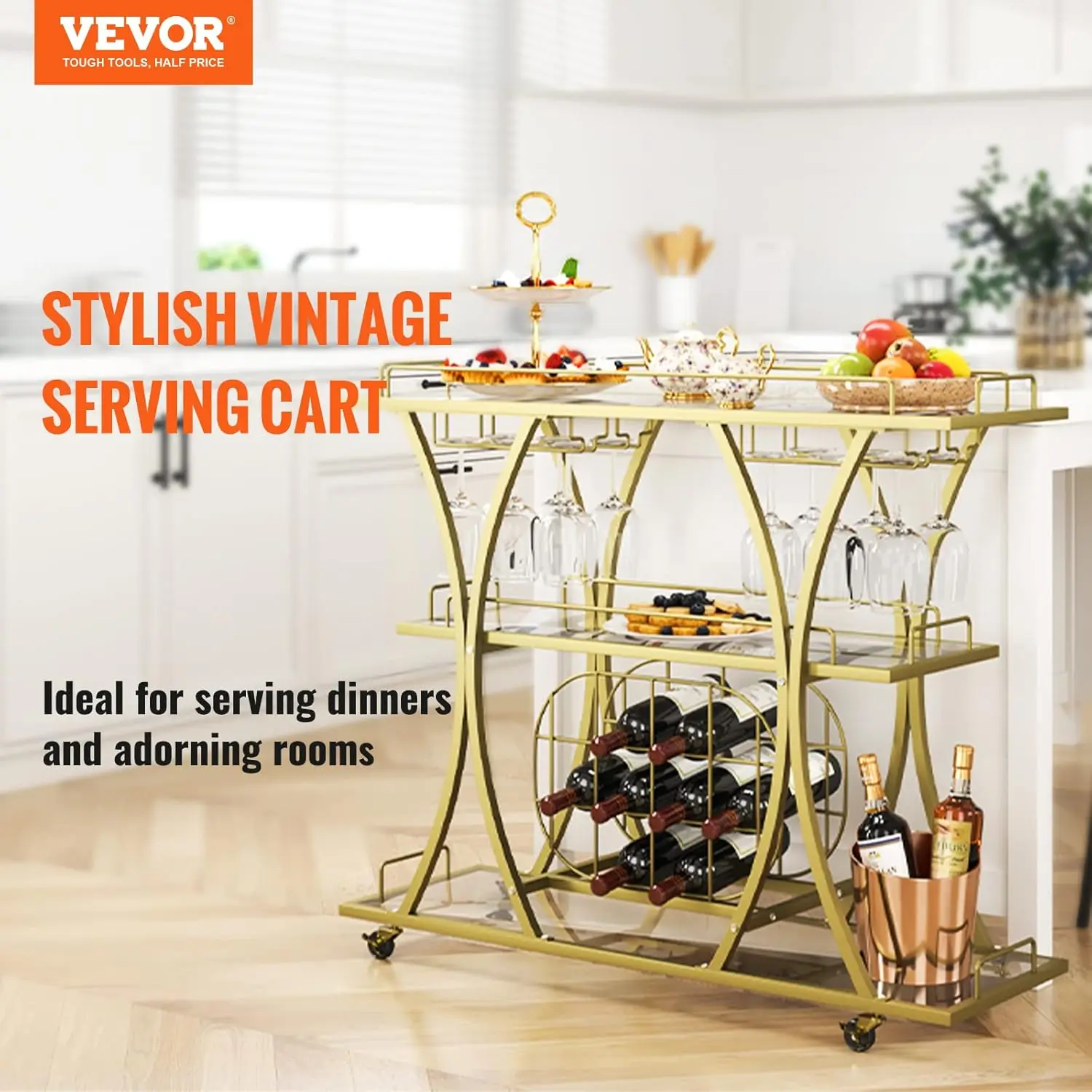 3 Tiers Home Bar Serving Cart on Lockable Wheels, Rolling Alcohol Cart with Tempered Glass Shelves Guardrail Wine Rack