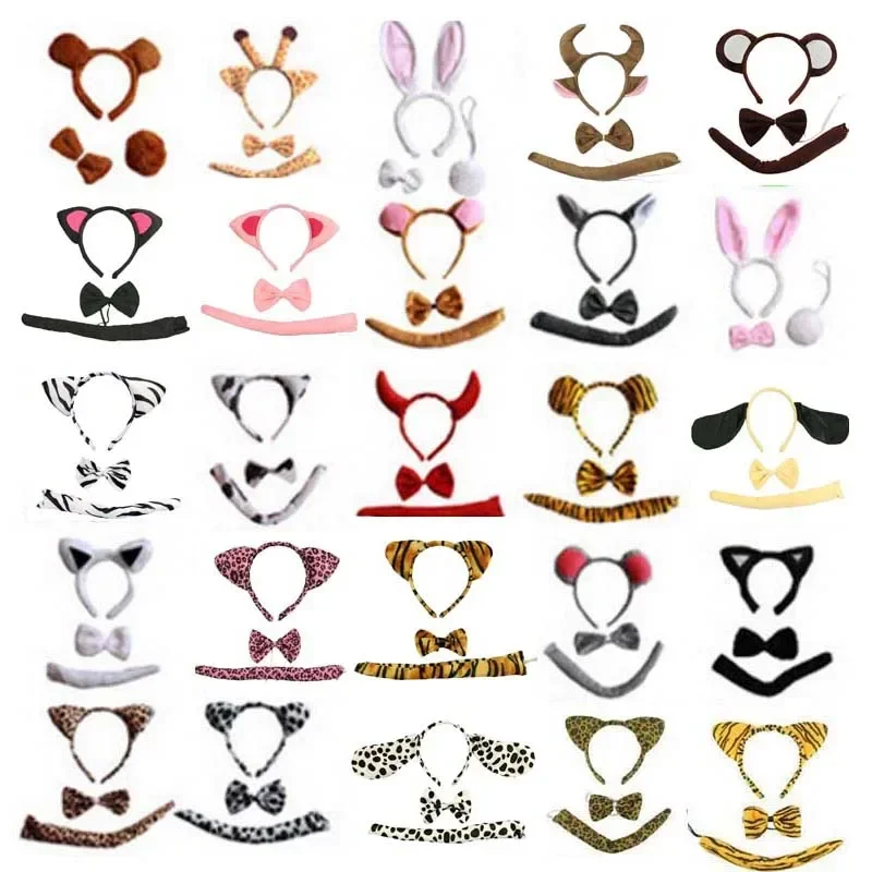 Adult Kids Party Animal Ear Headband Tail Tie Birthday Hair Band Plush Headwear Halloween Costume Cosplay Sheep Giraffe Cow