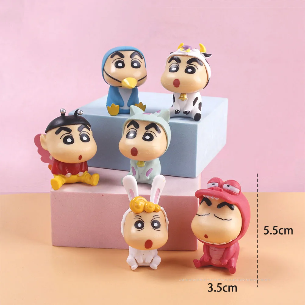 6pcs/set Anime Crayon ShinChan Figures 6cm Nohara Shinnosuke Cos Cow Rabbit Action Figure Animal Series Car Ornaments Kids Gift